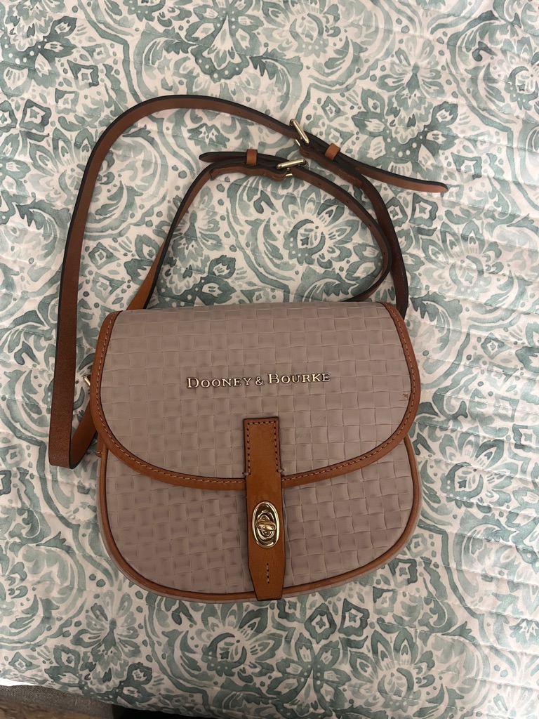 Dooney & Bourke Beige Woven Crossbody With Tan Leather Trim, Light Grey